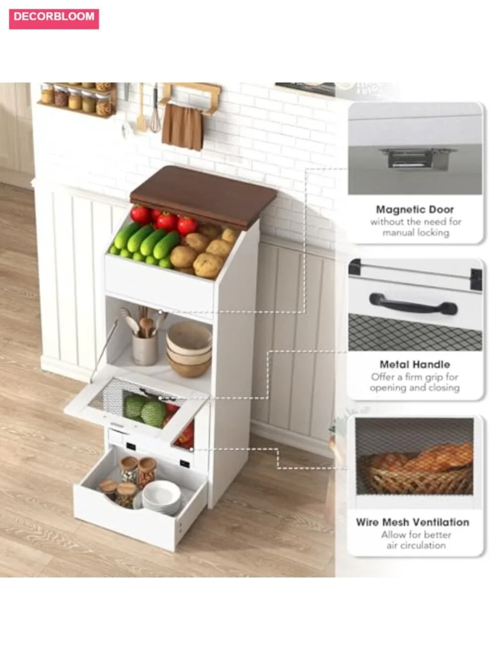 Patiorama 4-Tier Wood Potato Onion Storage Bin Bread Box Wheeled Drawer